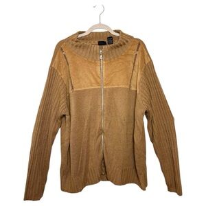 Ms. Lee Camel Brown Ribbed Zip-Up Knit Sweater Faux Suede Panels Boho Casual XL